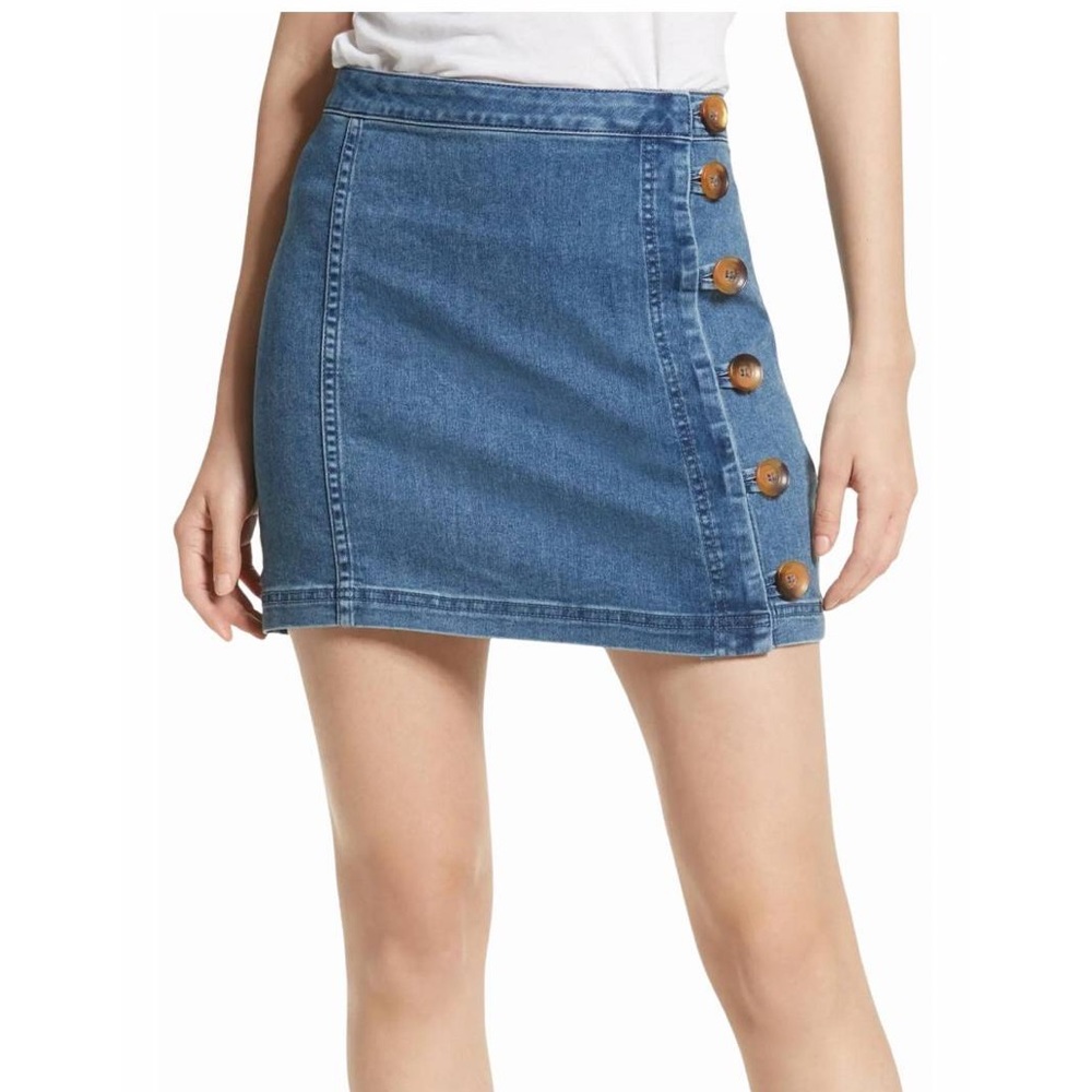 Ellison stretch denim mini skirt faux wrap tortoiseshell buttons boho 70s size S